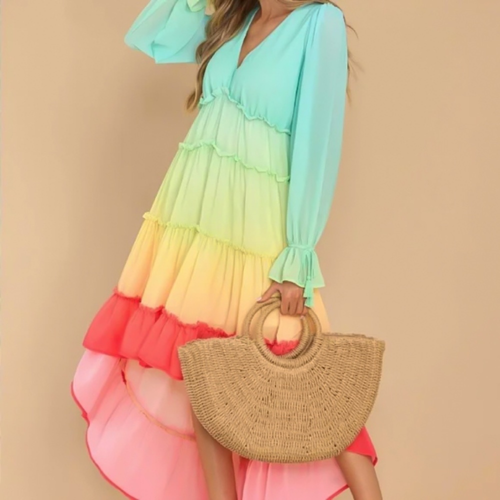 NWT Champagne & Strawberry Rainbow Ombre Tiered Dress - M